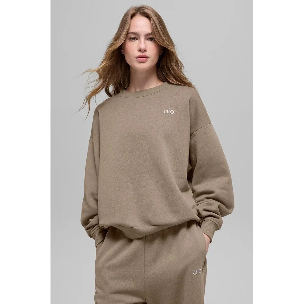 Alo Yoga Accolade Crew Neck Pullover Sweatshirt Gravel Tan Oversized Medium - Picture 10 of 10